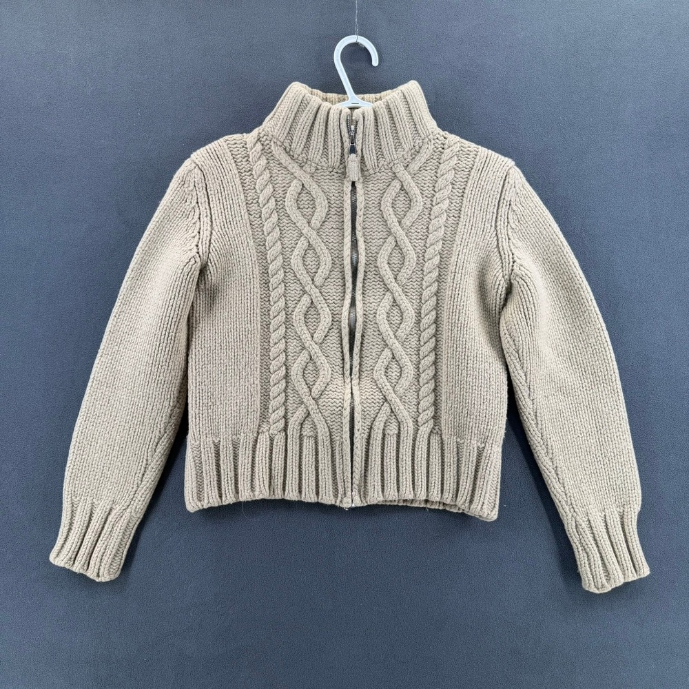 Benetton Women Small Italy Wool Blend Cable Knit Full Zip Cardigan Sweater Beige
